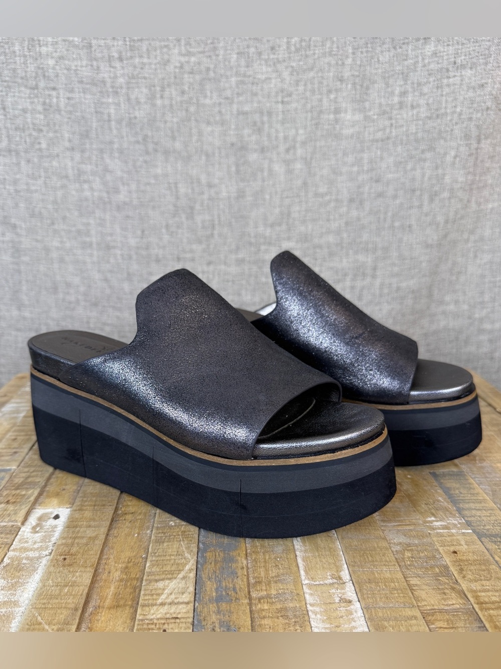 Naked Feet Metallic Charcoal Leather Platform Slide Sandals